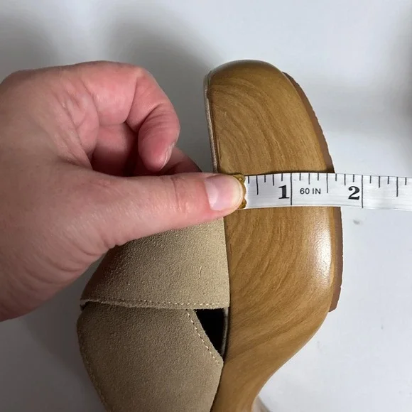 Zara Sandals 38 Beige Sand Nude Suede Platform Clog Shoes Faux Wood Chunky Heels - Picture 10 of 14
